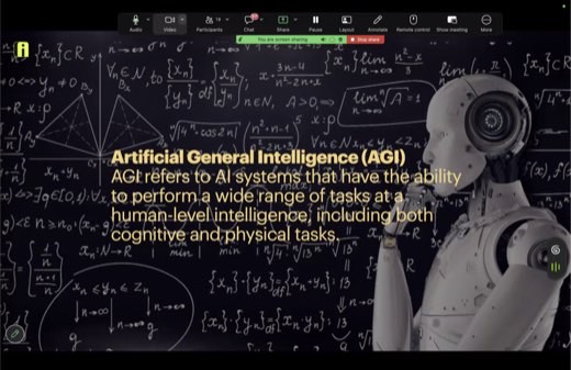 "Artificial General Intelligence (AGI)" definition slide with humanoid robot against math chalkboard