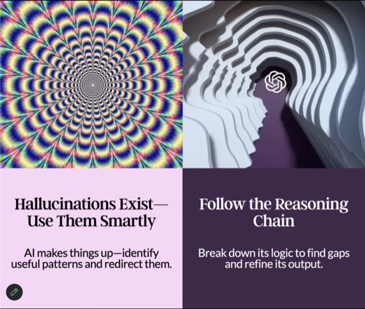 Triptych: "Hallucinations Exist, Use Them Smartly", "Follow the Reasoning Chain", "Control the Input Build Gradually"