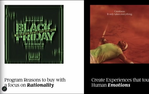 Black Friday ad vs Gatorade ad: "Program Reasons to buy with a focus on Rationality" vs "Create Experiences that touch Human Emotions"