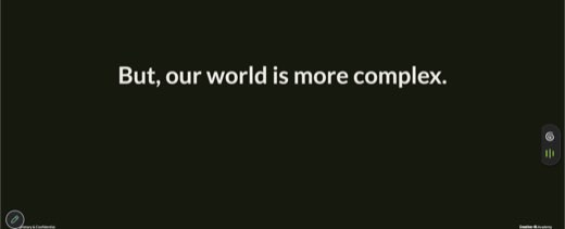 Transition slide: "But, our world is more complex." Creative-AI Academy footer