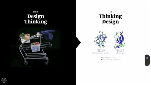 "From Design Thinking To Thinking Design" with shopping cart and AlphaFold-style protein structures