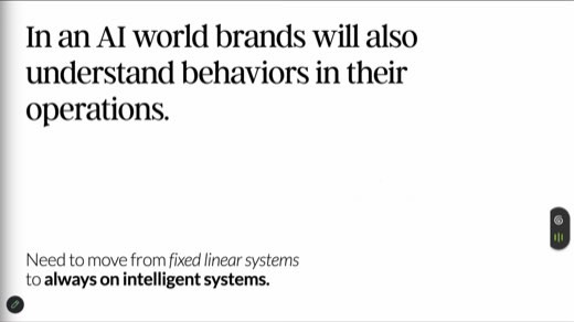 Slide "In an AI world brands will also understand behaviors in their operations."; fixed linear to always-on systems