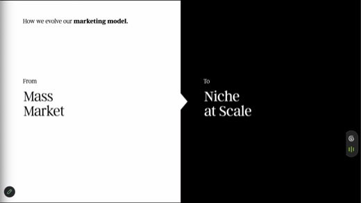 Marketing model shift: "From" "Mass Market" "To" "Niche at Scale"