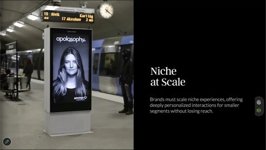 "Niche at Scale" Apotek subway ad again, hair-blowing animation frame as train passes