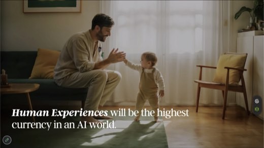 Slide "Human Experiences will be the highest currency in an AI world."; father and toddler high-five