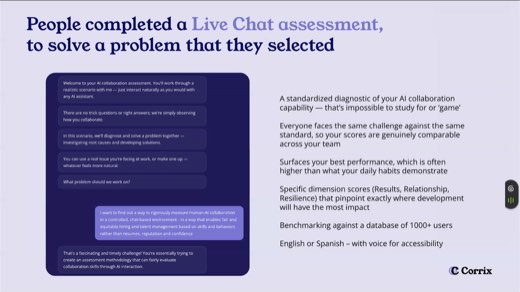 Geoff Gibbins Corrix slide "People completed a Live Chat assessment, to solve a problem that they selected"