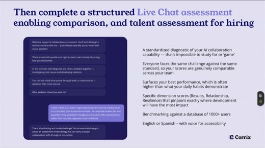 Corrix slide "Then complete a structured Live Chat assessment enabling comparison, and talent assessment for hiring"