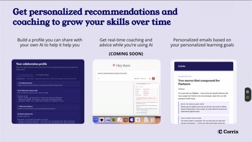 Corrix slide "Get personalized recommendations and coaching to grow your skills over time"