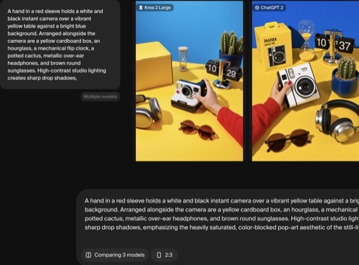Krea demo comparing three models, "Krea 2 Large", "ChatGPT 2", "Nano Banana Pro", instant-camera still life