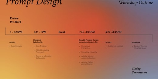 "Prompt Design" "Workshop Outline" agenda slide: timed blocks 6:00-8:45, activities, break, homework, "Closing Conversation"