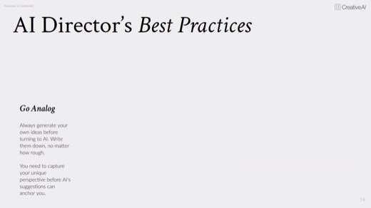 "AI Director's Best Practices" build slide, first principle "Go Analog": capture your own ideas first