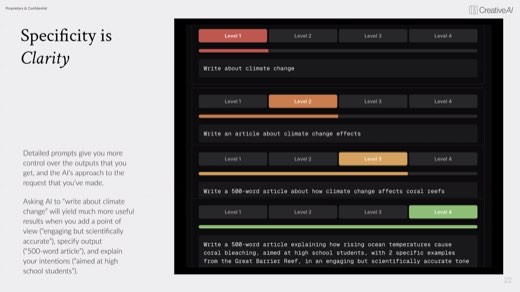 "Specificity is Clarity": four-level climate change prompt example, vague to detailed 500-word article
