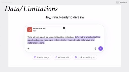 "Data/Limitations" demo: WGSN PDF attached, prompt references macro trends, colorways, material directions