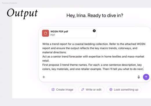 "Output" demo: prompt requests 3 trend theme names with colors, materials, retailer example
