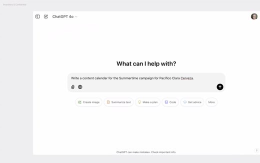 ChatGPT 4o demo: bare prompt "Write a content calendar for the Summertime campaign for Pacifico Clara Cerveza"