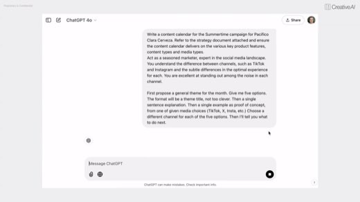 ChatGPT 4o demo: full GOLD-style Pacifico prompt with strategy doc, marketer persona, five theme options