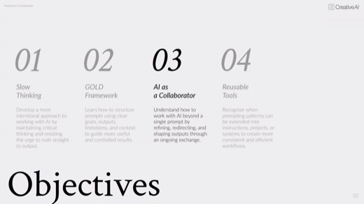 "Objectives" slide with 03 "AI as a Collaborator" highlighted as next section