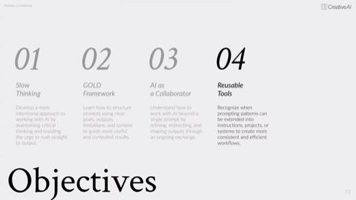 "Objectives" slide highlighting 04 "Reusable Tools" after "Slow Thinking", "GOLD Framework", "AI as a Collaborator"