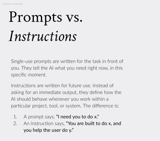 "Prompts vs. Instructions" slide, single-use prompts now versus persistent instructions defining future behavior