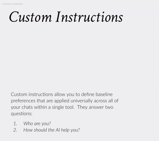 "Custom Instructions" slide, baseline preferences answering "Who are you?" and "How should the AI help you?"