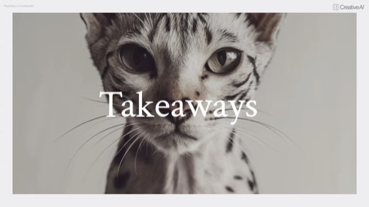 "Takeaways" section title slide over close-up cat photo