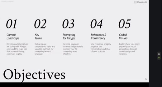 "Objectives" slide: 01 Current Landscape through 05 Coded Visuals, CreativeAI deck overview
