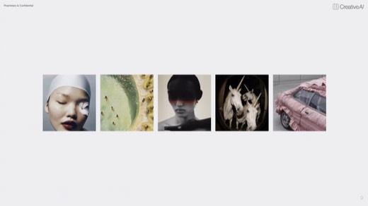 Slide with five AI-generated images: portraits, beach aerial, unicorns, pink draped car