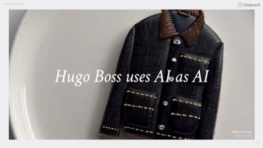 Case study title slide "Hugo Boss uses AI as AI" over cookie-jacket craft image