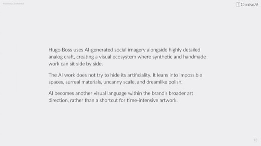 Text slide: Hugo Boss pairs AI imagery with analog craft, leaning into artificiality