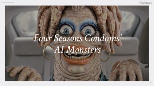 Case study title slide "Four Seasons Condoms' AI Monsters" with furry monster image