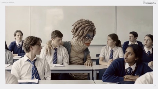 Campaign still: AI monster sitting among school kids in a classroom