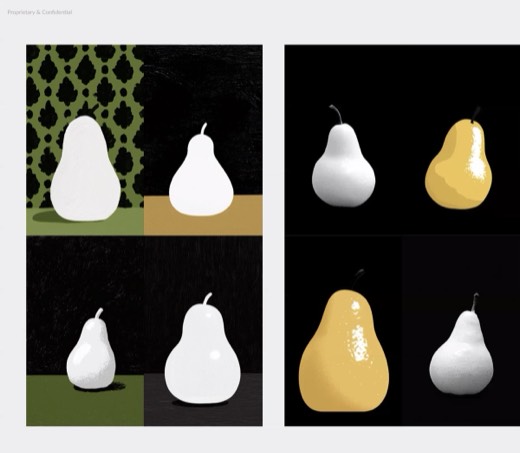 Two four-pear grids comparing patterned versus plain background outputs