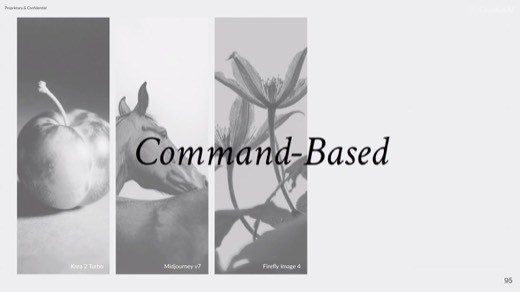 Slide "Command-Based" highlighting Krea 2 Turbo, Midjourney v7, Firefly Image 4 panels