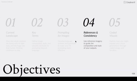 "Objectives" slide with section "04 References & Consistency" highlighted