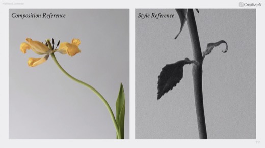 Slide pairing "Composition Reference" yellow tulip with "Style Reference" grainy black-and-white stem