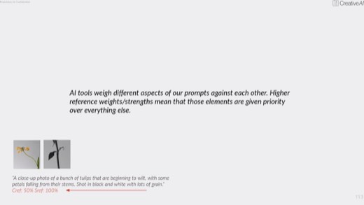 Slide: AI weighs prompt aspects against each other, higher reference weights get priority
