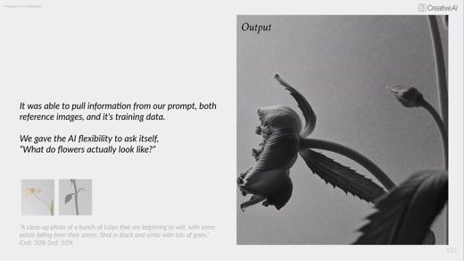 A slide reads that the AI pulled from prompt, references, and training data, next to a close up black and white photo of wilting tulips.