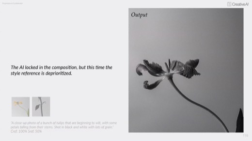 "Output" slide: AI locked in composition, style reference deprioritized, wilting tulip result