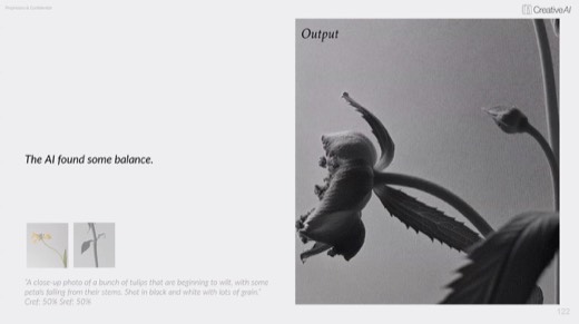 "Output" slide: "The AI found some balance," blended wilting flower result