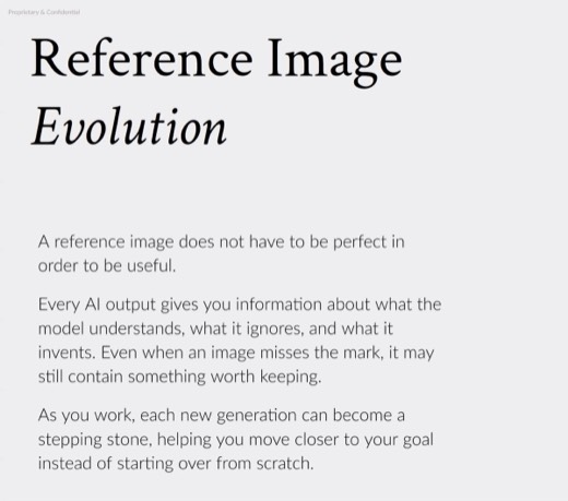 Slide "Reference Image Evolution": references need not be perfect, each generation is a stepping stone