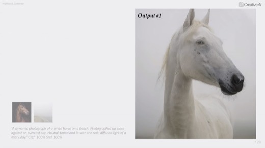 "Output #1": misty white horse portrait from the beach prompt