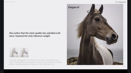A slide reads that the misty quality has subsided since lowering the style reference weight, next to a close up photo of a brown horse with a white chest patch.