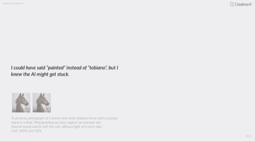 Slide: "I could have said 'painted' instead of 'tobiano', but I knew the AI might get stuck"