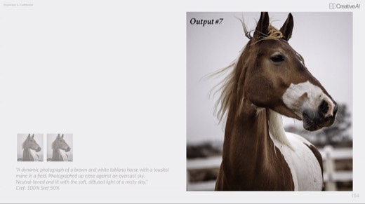 "Output #7": final brown-and-white tobiano horse standing in a field