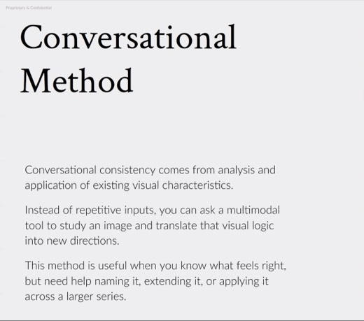 Slide "Conversational Method": ask a multimodal tool to study an image and translate visual logic
