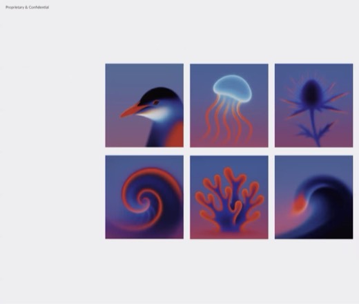 Grid of eight gradient ocean illustrations: bird, jellyfish, sea holly, hibiscus, wave, coral, fish