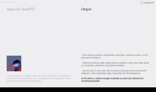 "Output" slide: semi-realistic anatomy, softened rendering, selective focus, "realistic enough... but dreamlike"