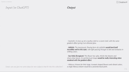 "Output": ChatGPT subject suggestions including seashells, jellyfish, sea holly (Eryngium), hibiscus