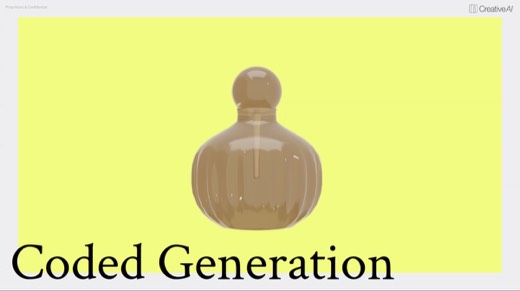 Slide "Coded Generation": 3D perfume bottle render on yellow background, CreativeAI deck