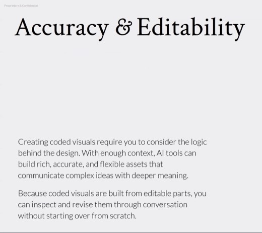 Slide "Accuracy & Editability": Content, Structure, Future Use considerations for coded visuals